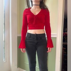 SHEIN red cinched bell sleeve crop top